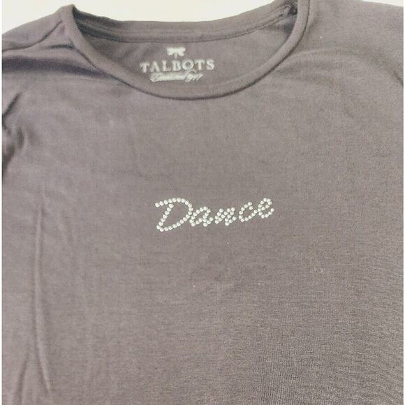 Talbots Pima Cotton DANCE Black T-Shirt Rhinestone Embellished Top Med 90s Y2K - Picture 3 of 7